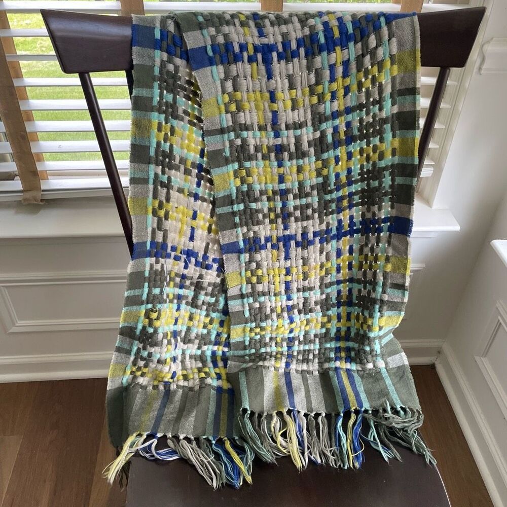 Stile Benetton Large Basketweave Scarf Blue Olive Green Yellow Unisex